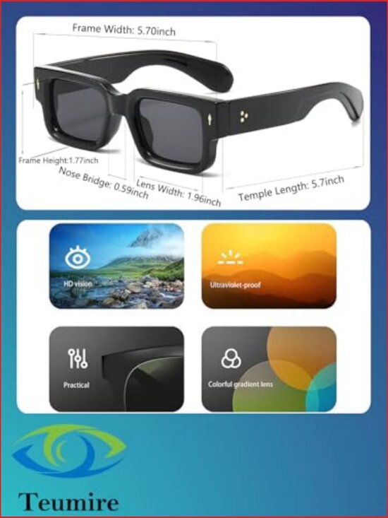 Thick Square Frame Chunky Rectangle Sunglasses UV400 Protection